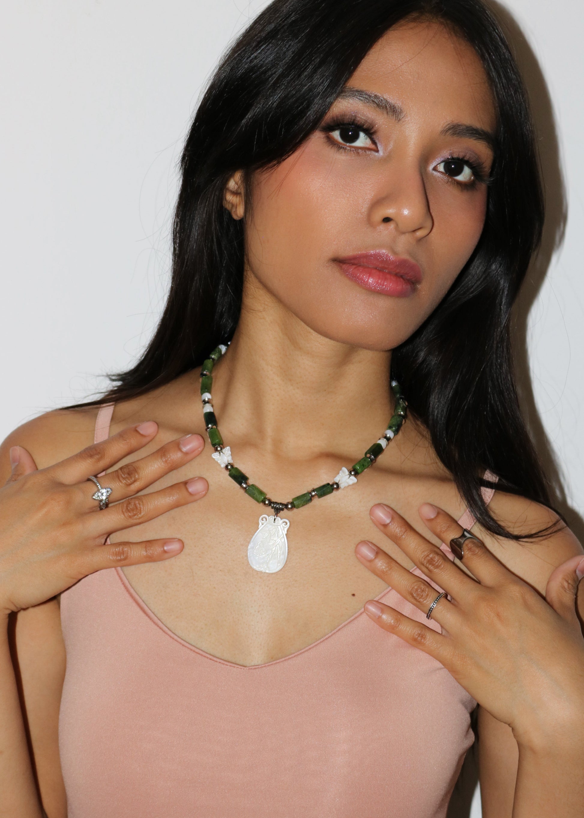 White Pendant Green Bead Necklace