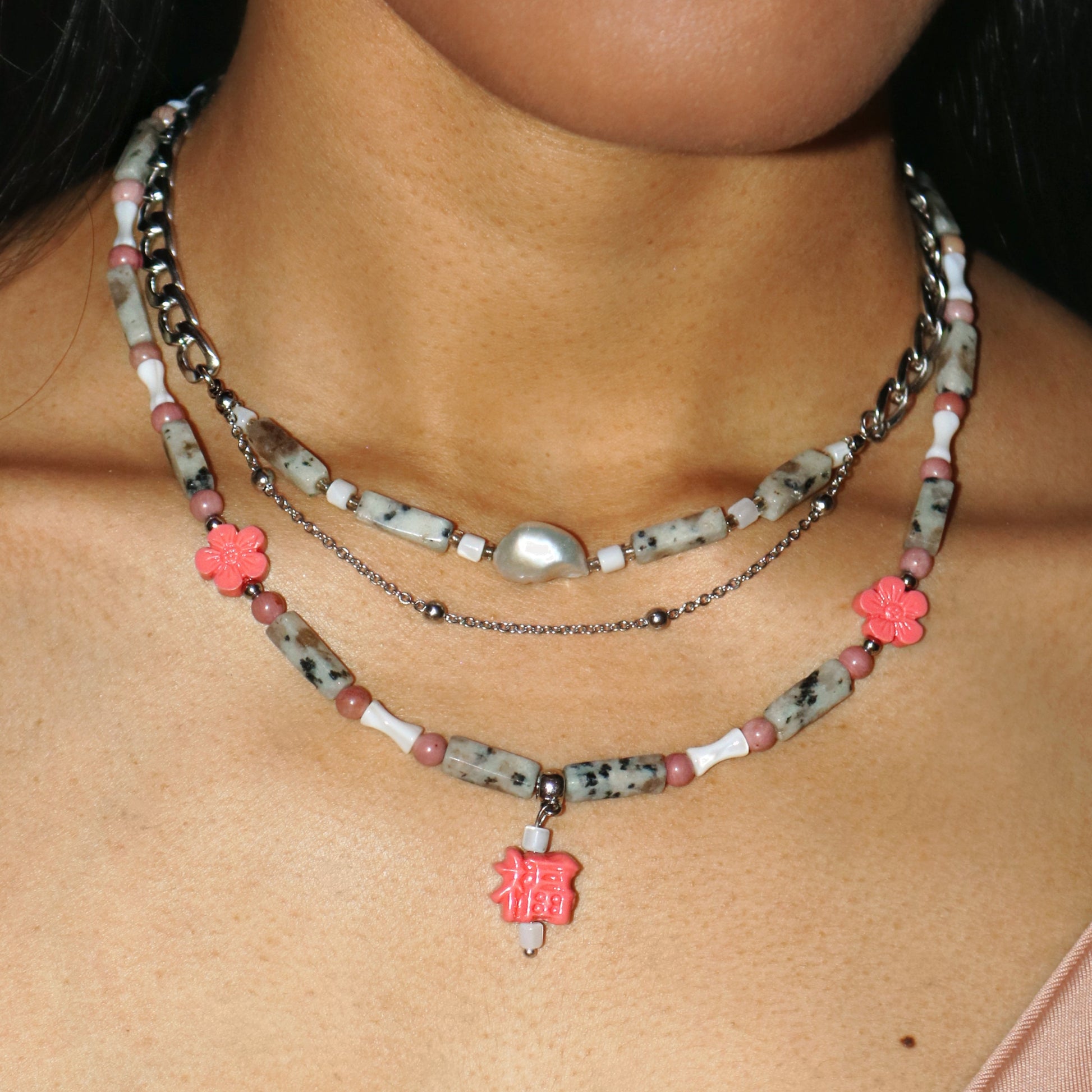 Layered Pink Pendant Necklace