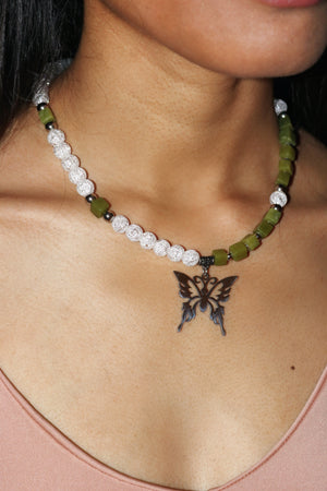 Two-toned White Green Butterfly Necklace