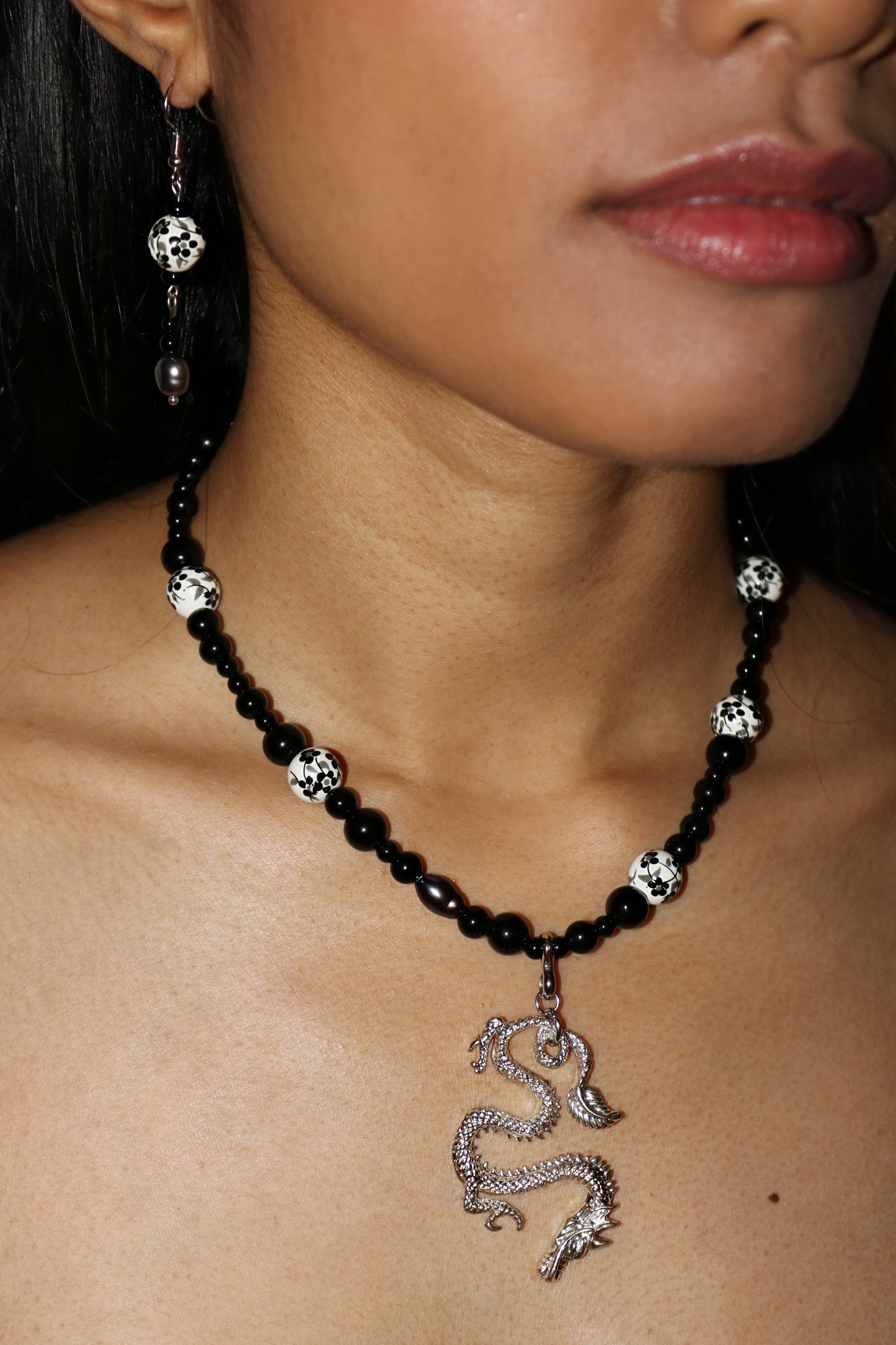 Black and Silver Dragon | Earrings & Necklace Jewellery Set