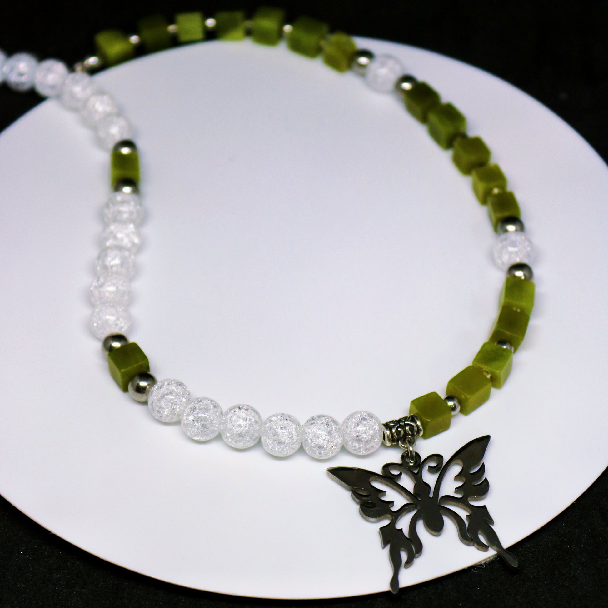 Two-toned White Green Butterfly Necklace