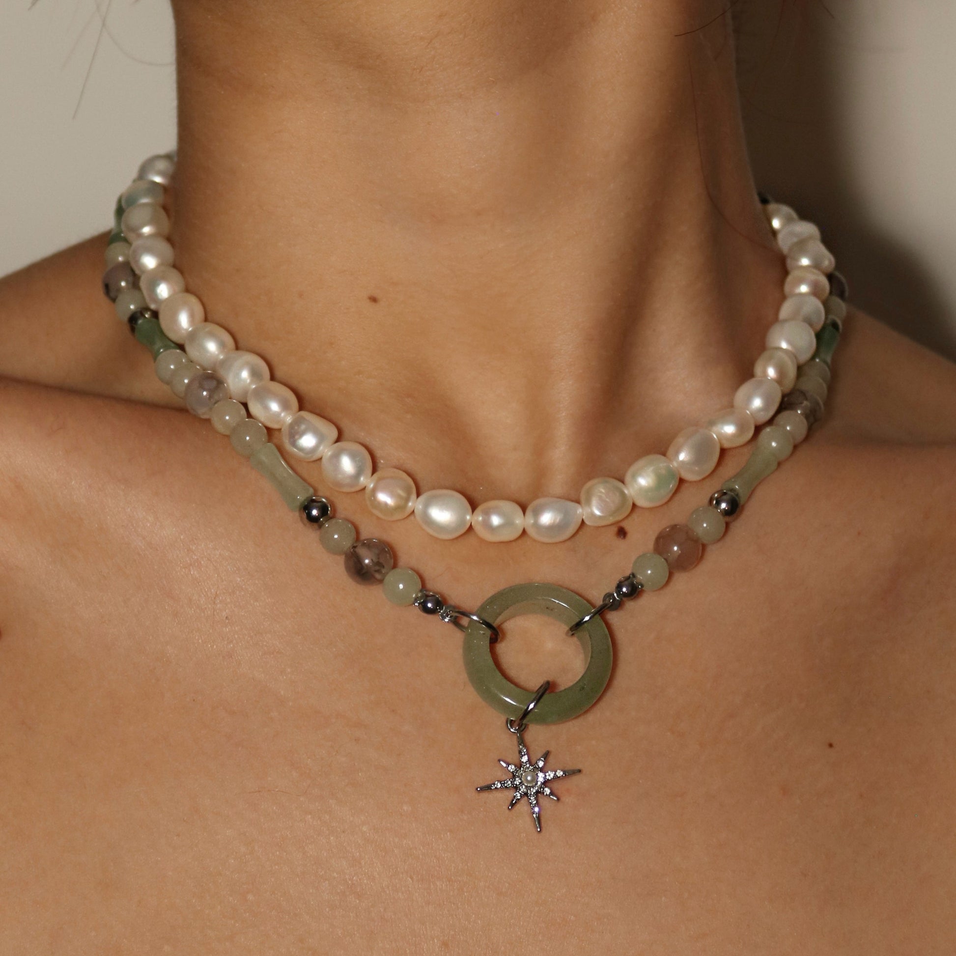 Layered Pearl and Jade Ring Necklace