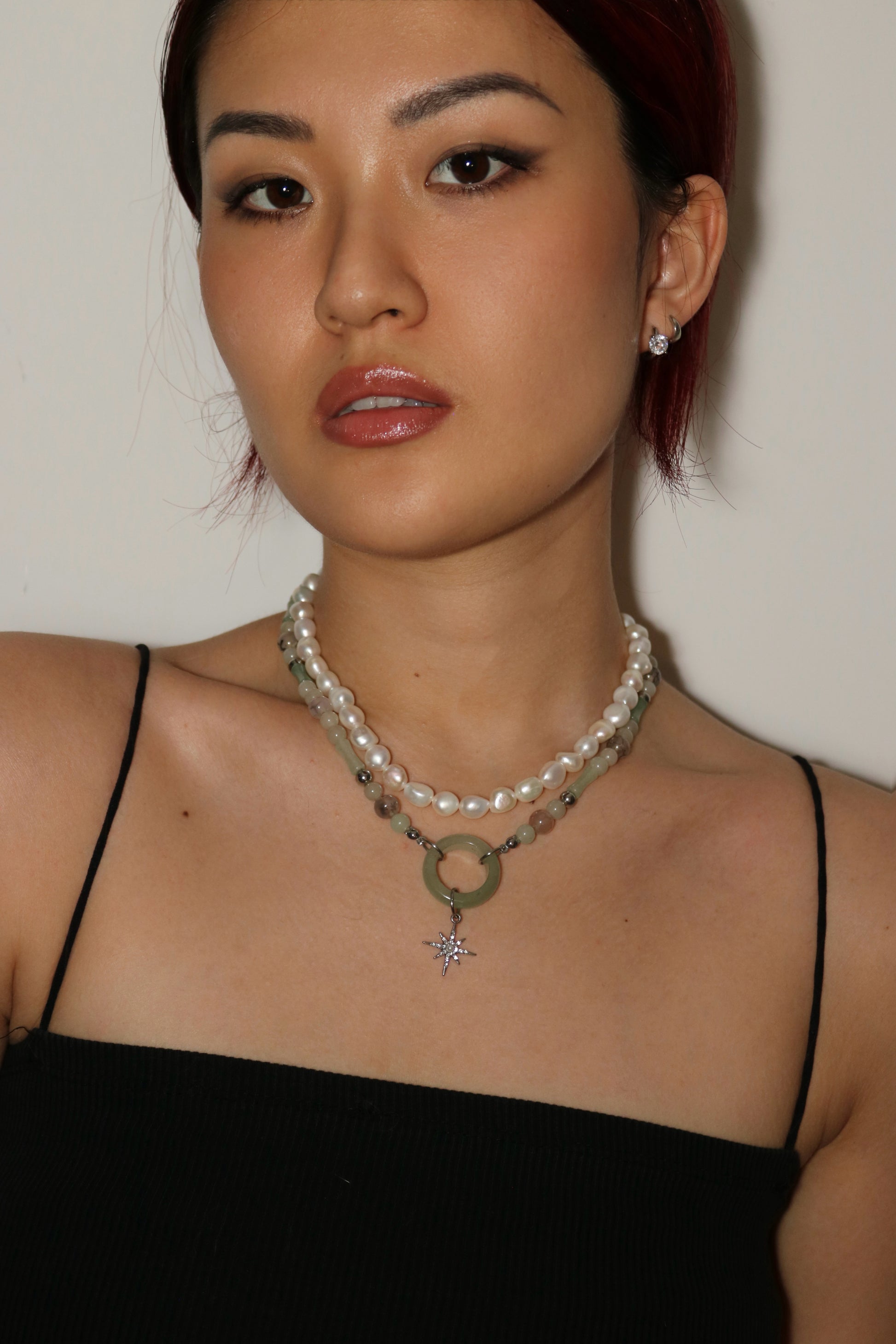 Layered Pearl and Jade Ring Necklace